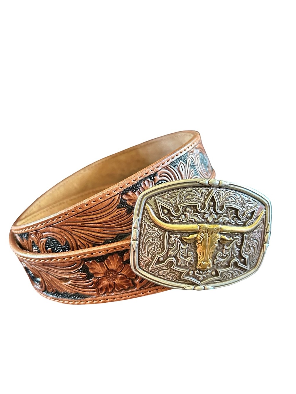 Nocona Genuine Leather Floral Tooled Western Belt Longhorn Buckle Size 34